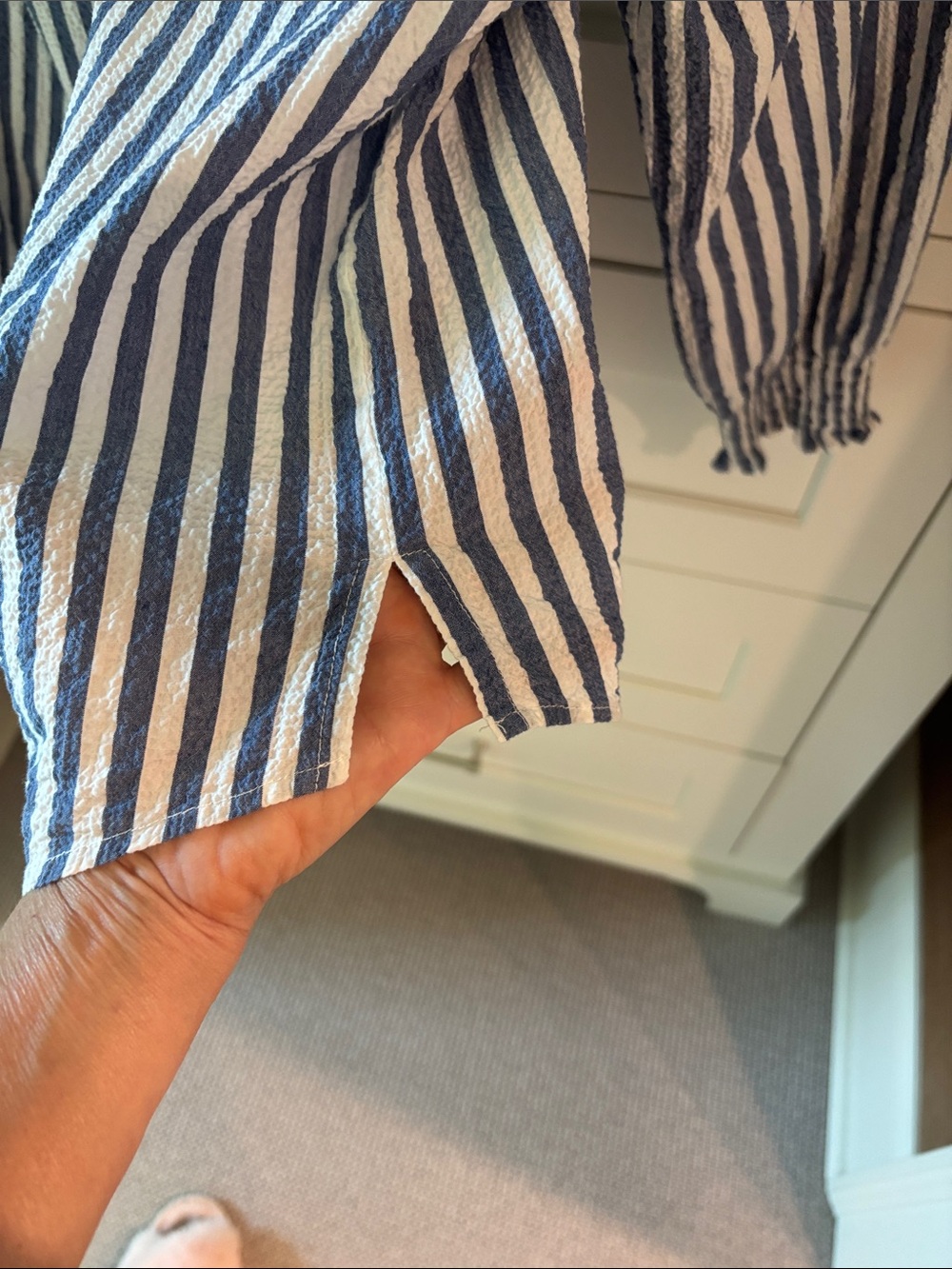 Veronica Beard Blue and White Striped Ruffle Neck Button-Front Blouse - Picture 5 of 6